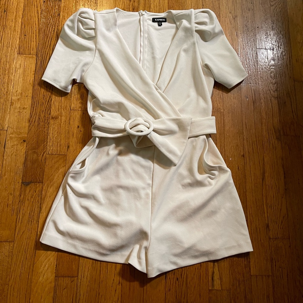 Express off White Puff Sleeve Jumpsuit with Tie Waist